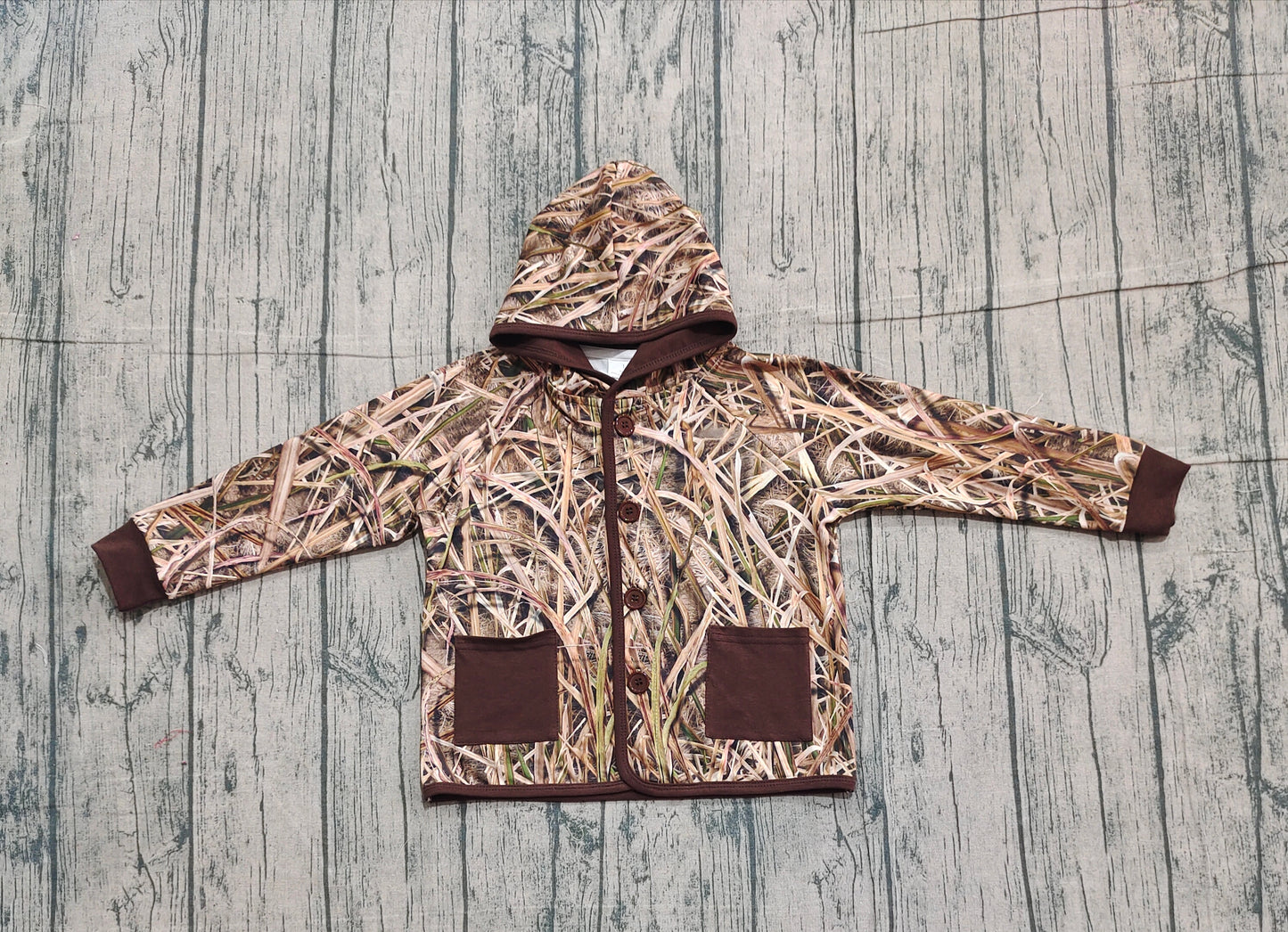 10.29 BT1443 Sample No Moq Baby Boys Brown Leaves Camo Button Pockets Hooded Jackets Tops