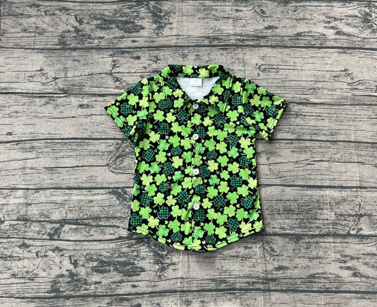 11.10 BT1455 Sample No Moq Baby Boys Green Clovers Plaid Button St Patrick Shirts Top
