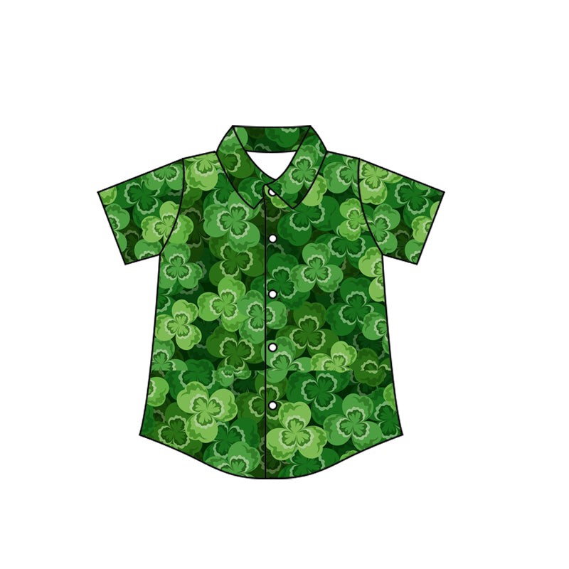 10.23 (Pre Order) No moq BT1457 PRE-ORDER Baby Boys Green Clovers Plaid Button St Patrick Shirts Top