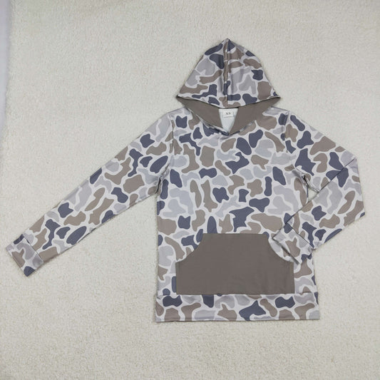 12.16 RTS NO MOQ （In stock）BT1471 Adult Men Long Sleeve Southern Grey Camo Pocket Hoodies Top