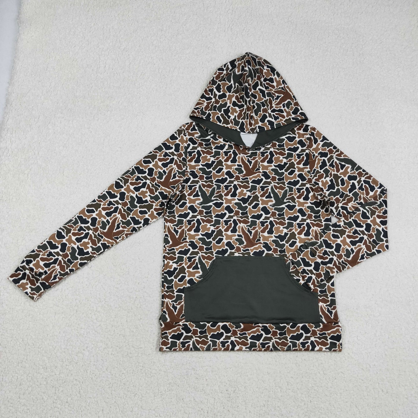 12.12 RTS NO MOQ （In stock）BT1472 Adult Men Dark Brown Ducks Camo Pocket Southern Hunting Hoodies Top