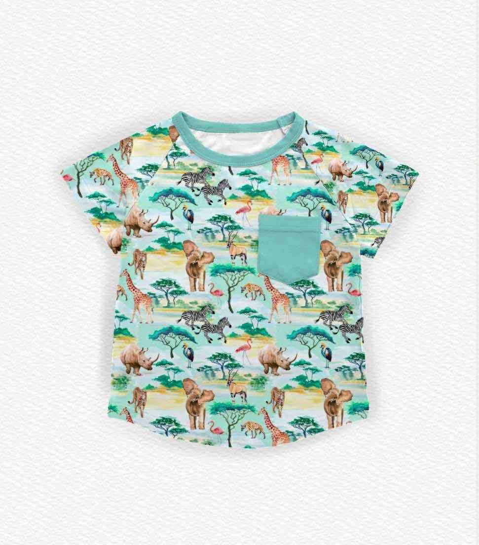 10.28 BT1479 Pre order No Moq Baby Boys Forest Animals Pockets Short Sleeve T-shirts Top