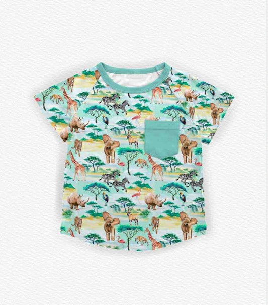 10.28 BT1479 Pre order No Moq Baby Boys Forest Animals Pockets Short Sleeve T-shirts Top