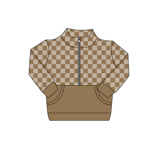 10.31 BT1493 Pre order No Moq Baby Boys Khaki Checked Long Sleeve Zipper Pockets Pullovers Top