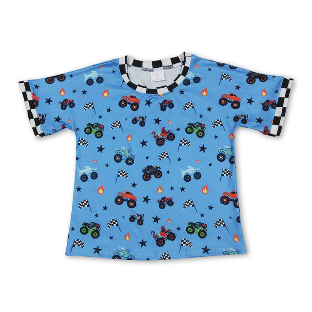 5.13 RTS NO MOQ （In stock）BT1496+SS0736 Plaid short sleeves flag truck kids boys summer shirt outfits