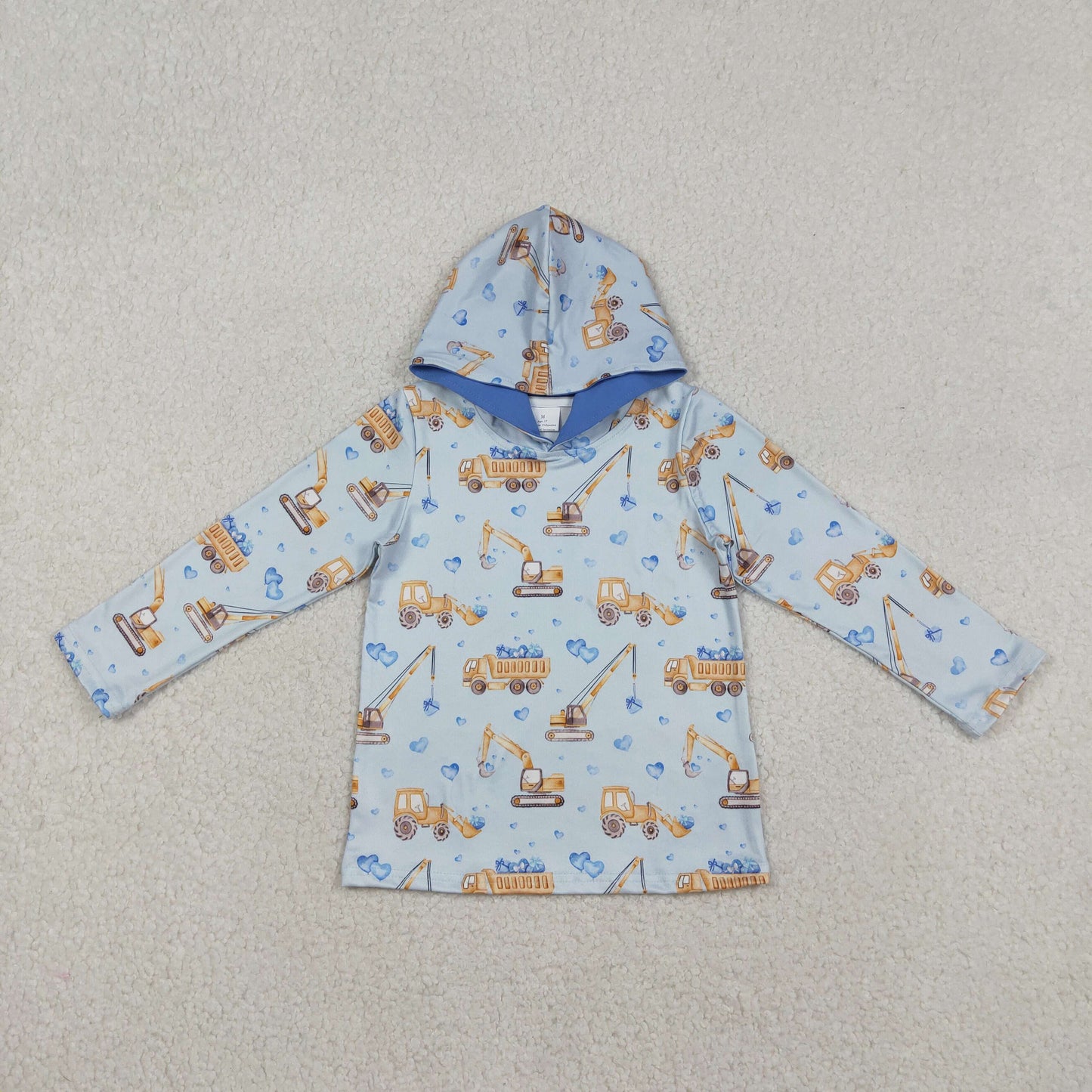 12.10 RTS NO MOQ （In stock）BT1509 Baby Boys Blue Hearts Excavators Valentines Hoodies Top