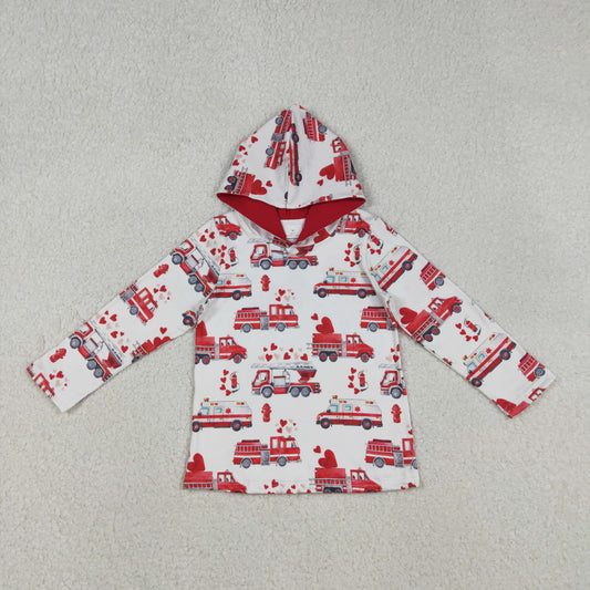 12.6 RTS NO MOQ （In stock）BT1512 Baby Boys Hearts Fire Trucks Valentines Hoodies Top