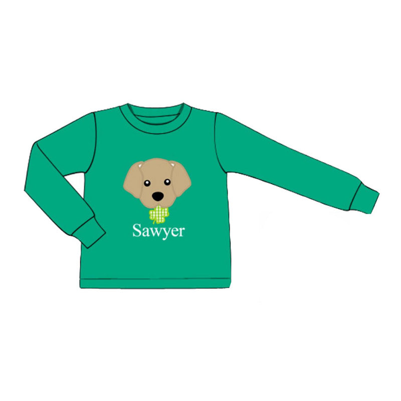 11.7 BT1521 Pre order No Moq Baby Boys Green Long Sleeve Dogs Clovers St Patrick T-shirts Top