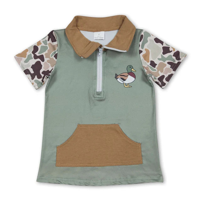 RTS Sibling Baby Boys Short Sleeve Southern Camo Zipper Pockets Deer Dogs Hunting Pullovers Top