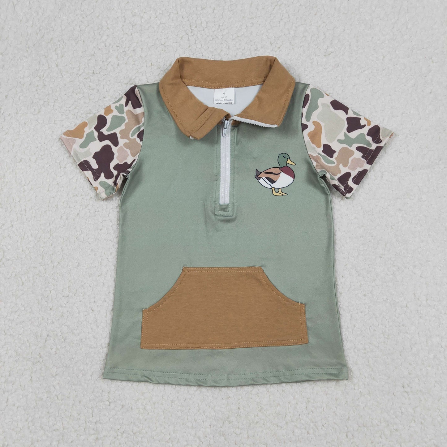 12.25 RTS NO MOQ （In stock）BT1530 Baby Boys Southern Camo Short Sleeve Ducks Zip Pockets Hunting Pullovers Top