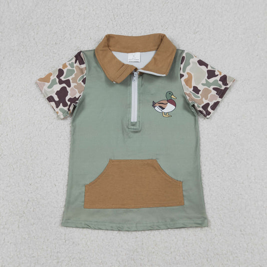 12.25 RTS NO MOQ （In stock）BT1530 Baby Boys Southern Camo Short Sleeve Ducks Zip Pockets Hunting Pullovers Top