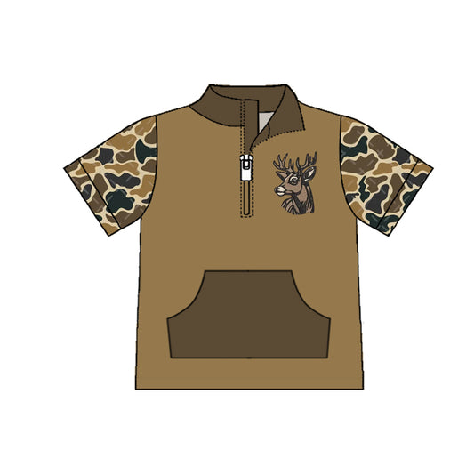 11.7 BT1531 Pre order No Moq Baby Boys Brown Camo Short Sleeve Deer Zipper Pockets Hunting Pullovers Top