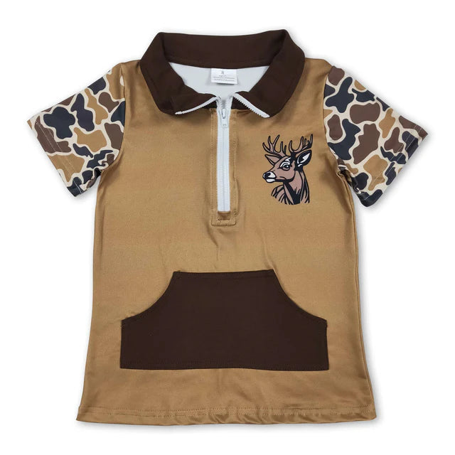 RTS Sibling Baby Boys Short Sleeve Southern Camo Zipper Pockets Deer Dogs Hunting Pullovers Top