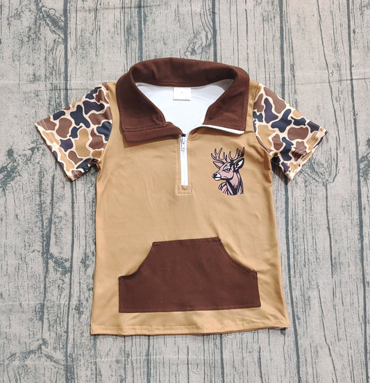 11.28 BT1531 Sample No Moq Baby Boys Brown Camo Deer Zipper Pockets Hunting Pullovers Top