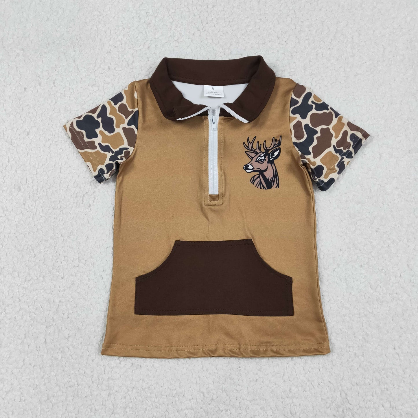 12.19 RTS NO MOQ （In stock）BT1531 Baby Boys Brown Camo Deer Zipper Pockets Hunting Pullovers Top