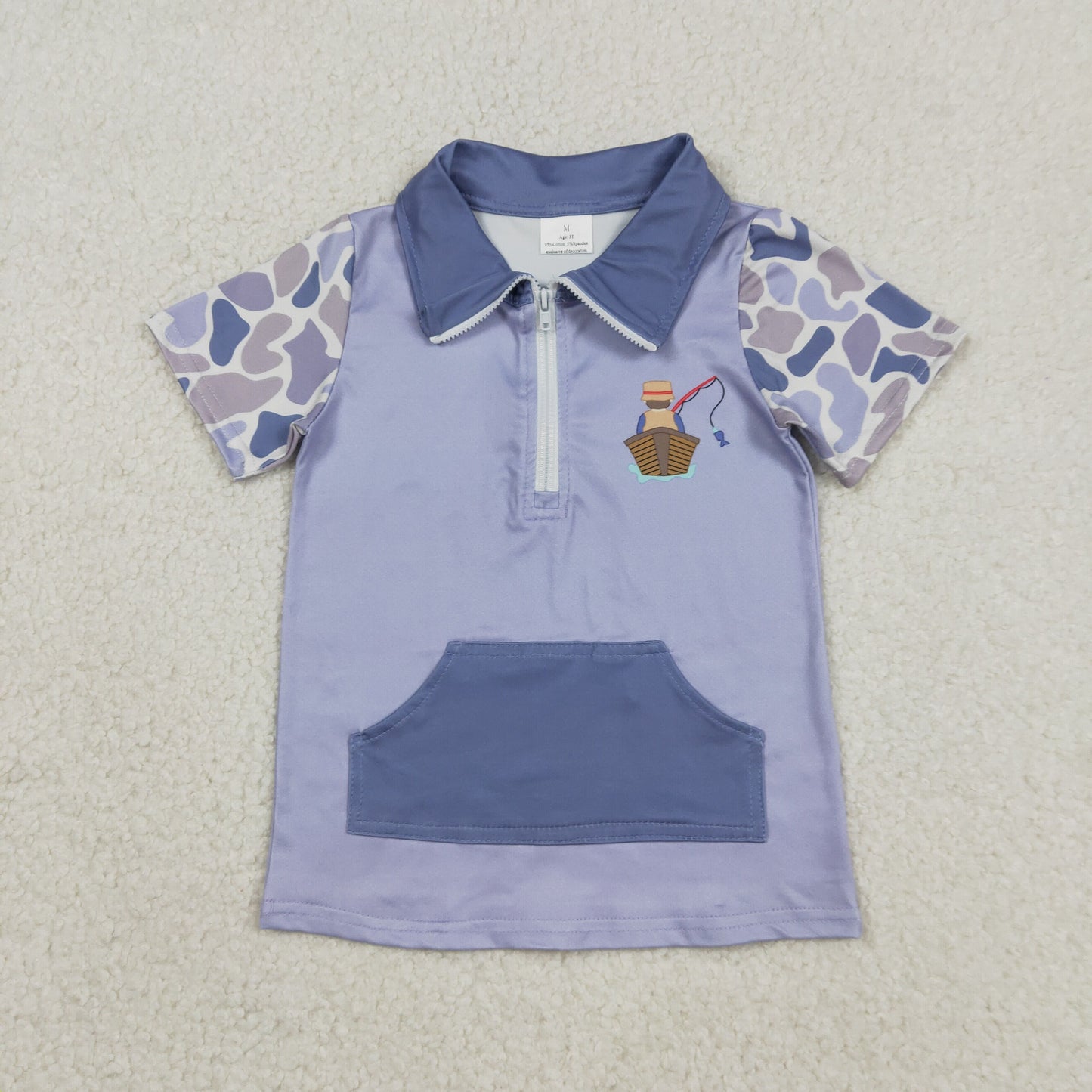 12.27 RTS NO MOQ （In stock）BT1533 Baby Boys Blue Camo Short Sleeve Fishing Zipper Pockets Hunting Pullovers Top