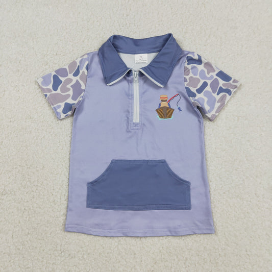 12.27 RTS NO MOQ （In stock）BT1533 Baby Boys Blue Camo Short Sleeve Fishing Zipper Pockets Hunting Pullovers Top