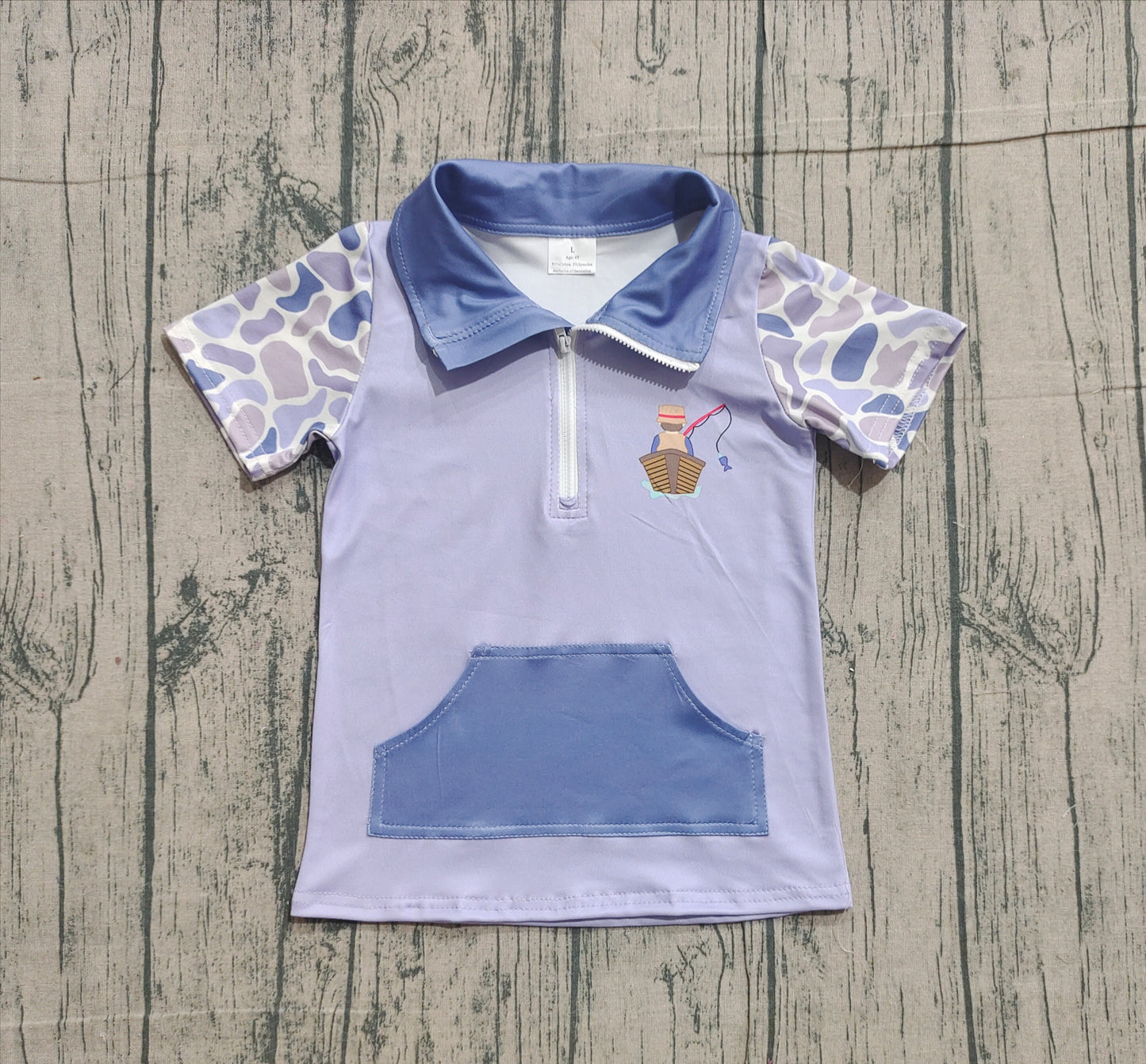 11.26 BT1533 Sample No Moq Baby Boys Blue Camo Short Sleeve Fishing Zipper Pockets Hunting Pullovers Top