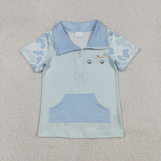 12.19 RTS NO MOQ （In stock）BT1534 Baby Boys Blue Camo Dog Fishing Zipper Pockets Hunting Pullovers Top