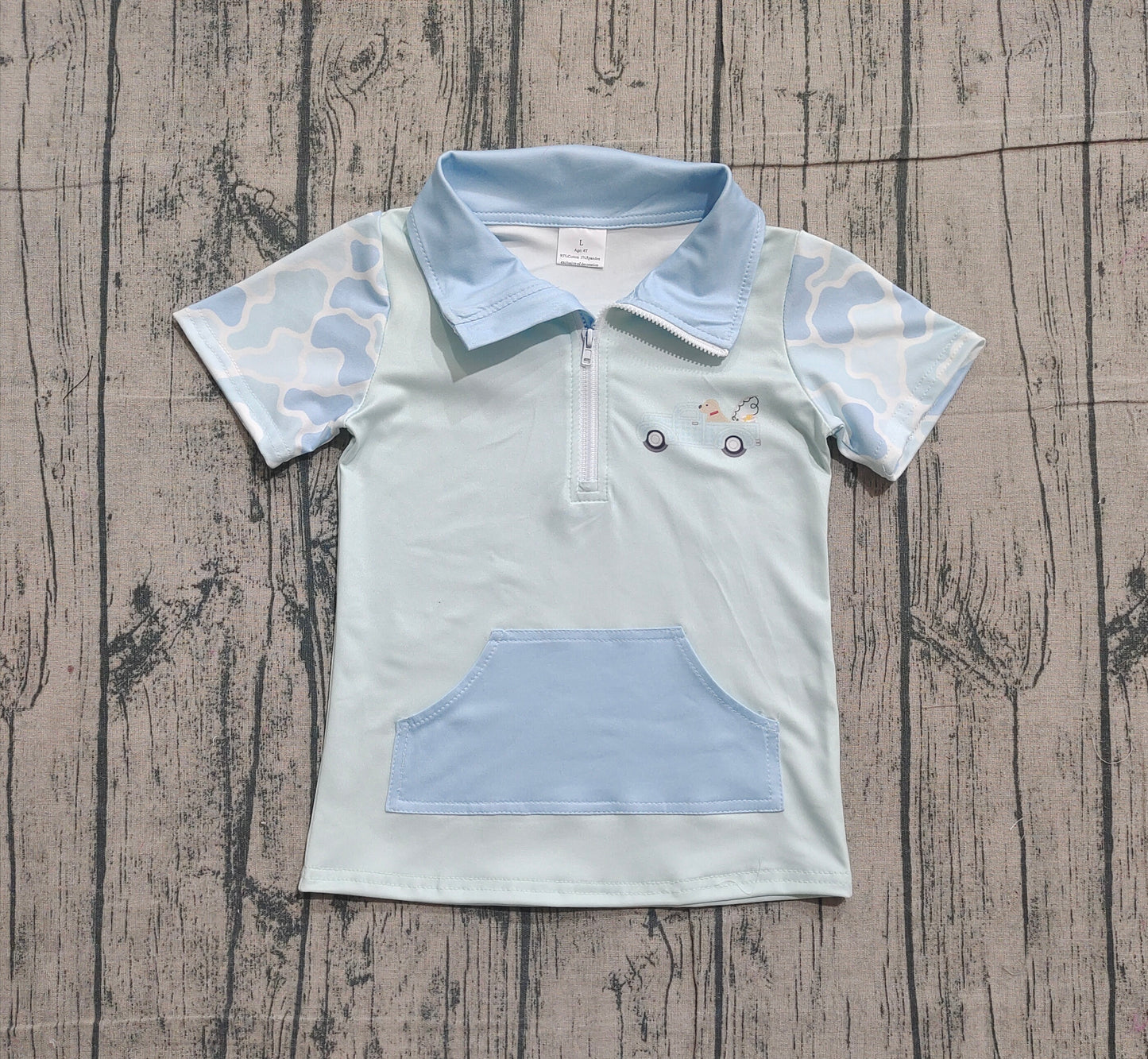 11.26 BT1534 Sample No Moq Baby Boys Light Blue Camo Short Sleeve Fishing Zipper Pockets Hunting Pullovers Top