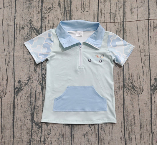11.26 BT1534 Sample No Moq Baby Boys Light Blue Camo Short Sleeve Fishing Zipper Pockets Hunting Pullovers Top