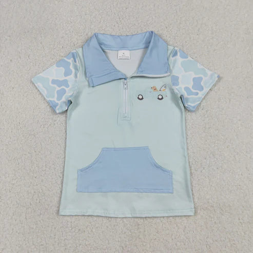 12.19 RTS Sibling Baby Boys Short Sleeve Southern Camo Zipper Pockets Deer Dogs Hunting Pullovers Top