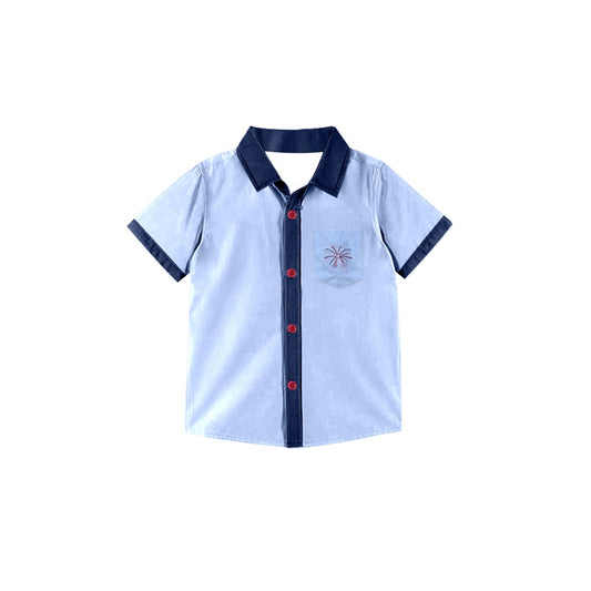 11.8 BT1542 Pre order No Moq Baby Boys Blue Short Sleeve Fireworks Pocket Button July 4th Shirts Top