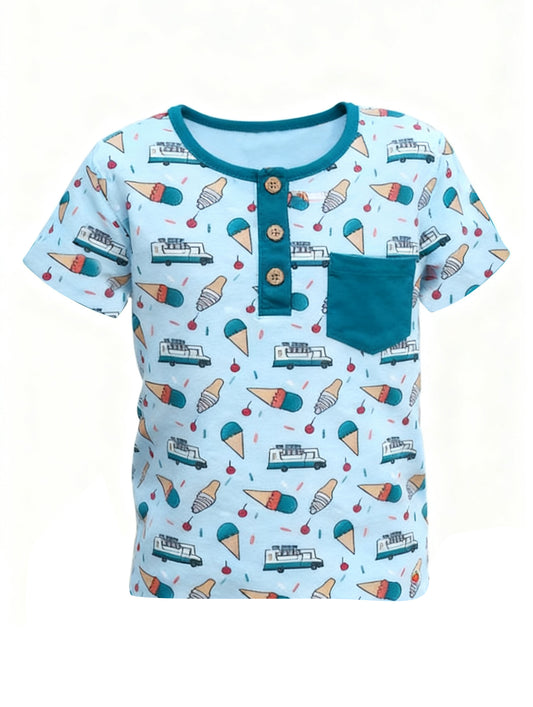 11.8 BT1544 Pre order No Moq Baby Boys Blue Short Sleeve Ice Creams Buses Pocket Button T-shirts Top