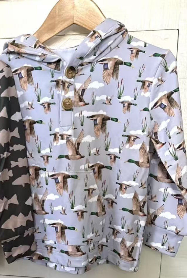 11.8 BT1546 Pre order No Moq Baby Boys Long Sleeve Ducks Button Pockets Hunting Hoodies Top