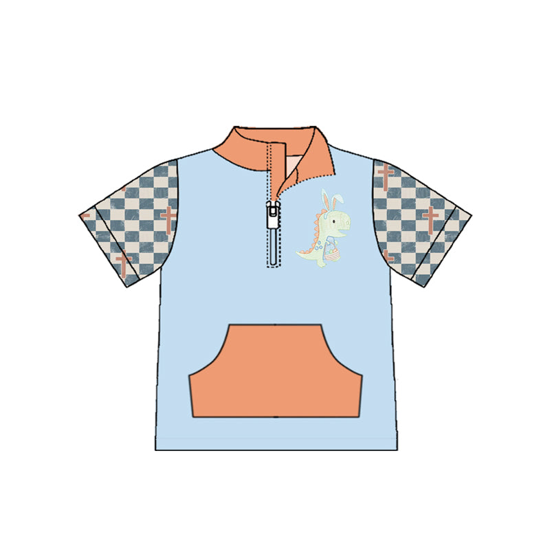 11.10 BT1550 Pre order No Moq Baby Boys Rabbit Eggs Dinosaurs Zipper Pocket Easter Pullovers Top