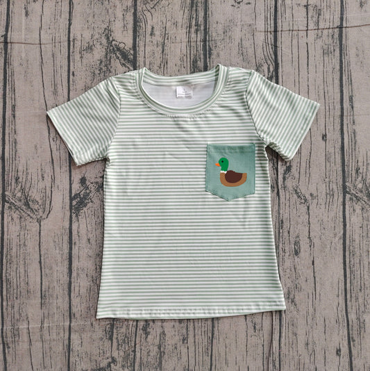 11.25 BT1557 Sample No Moq Embroidery Duck Baby Boys Green Stripe Pocket T-shirts Top
