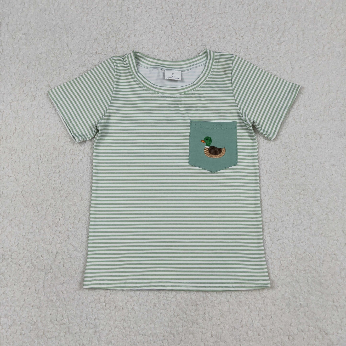 12.25 RTS NO MOQ （In stock）BT1557 Embroidery Duck Baby Boys Green Stripe Pocket Hunting T-shirts Top
