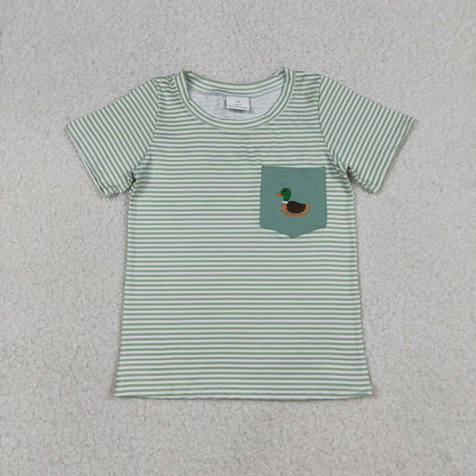 12.25 RTS NO MOQ （In stock）BT1557 Embroidery Duck Baby Boys Green Stripe Pocket Hunting T-shirts Top