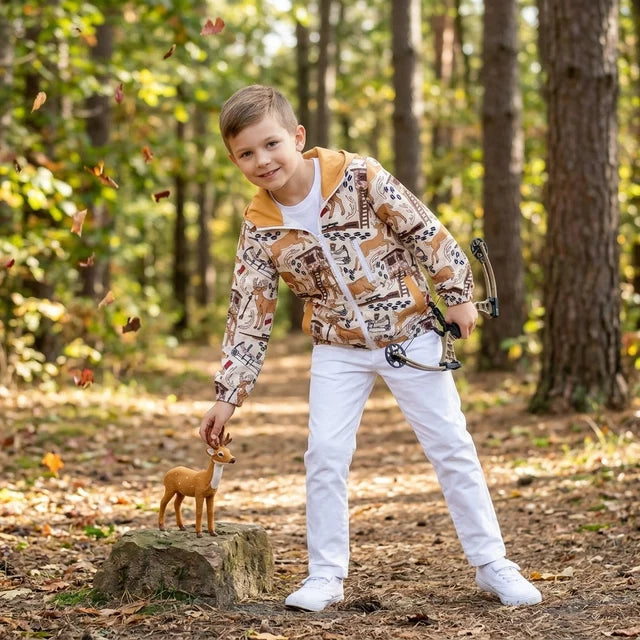 RTS NO MOQ （In stock）BT1567 milk silk BT1567 Baby Boys Khaki Deer Hunting Zipper Pockets Boys Hoodie Jacket Top