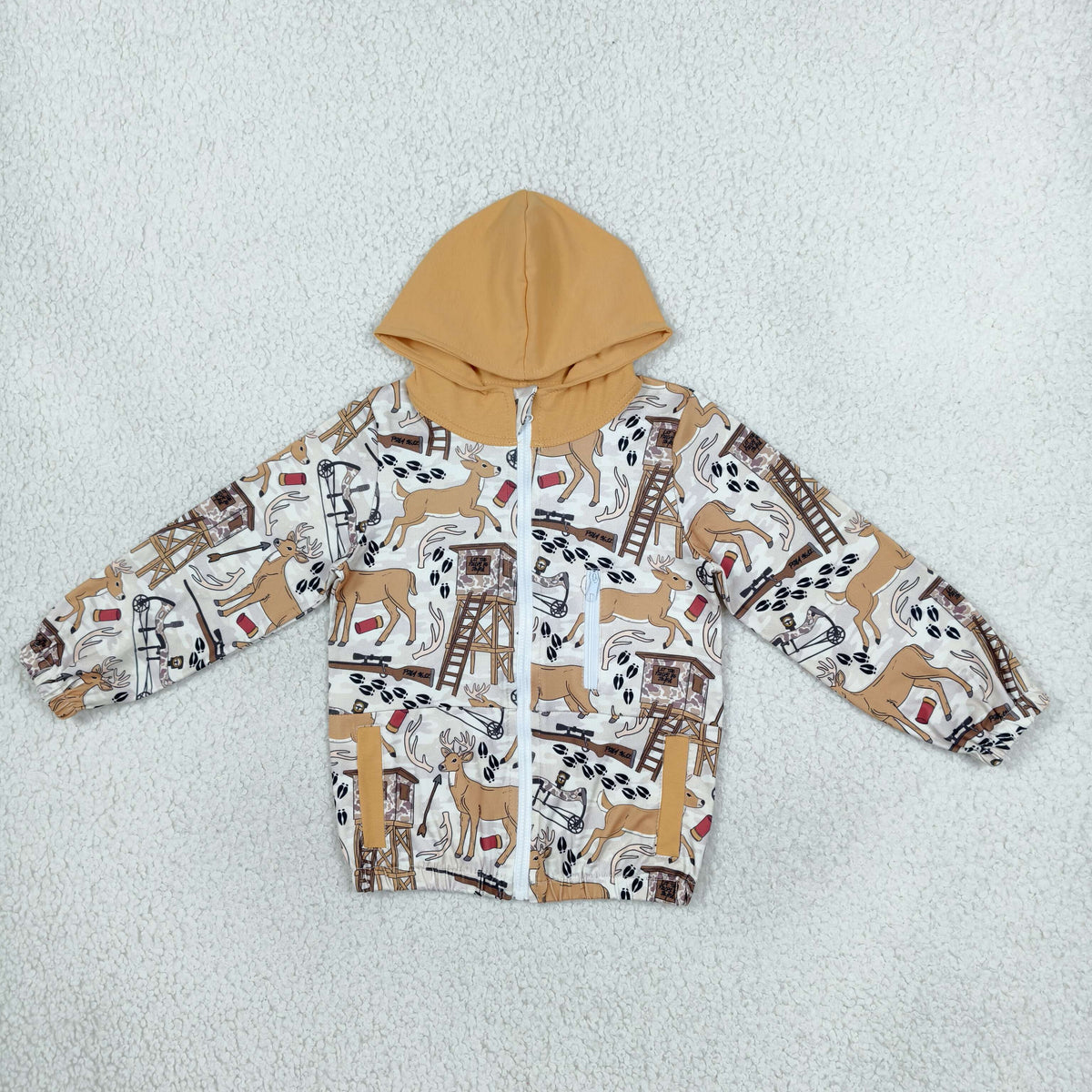RTS NO MOQ （In stock）BT1567 milk silk BT1567 Baby Boys Khaki Deer Hunting Zipper Pockets Boys Hoodie Jacket Top