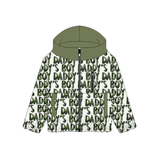 11.18 BT1569 Pre order No Moq Baby Boys Green Daddy's Boy Pockets Zipper Hoodie Jackets Top