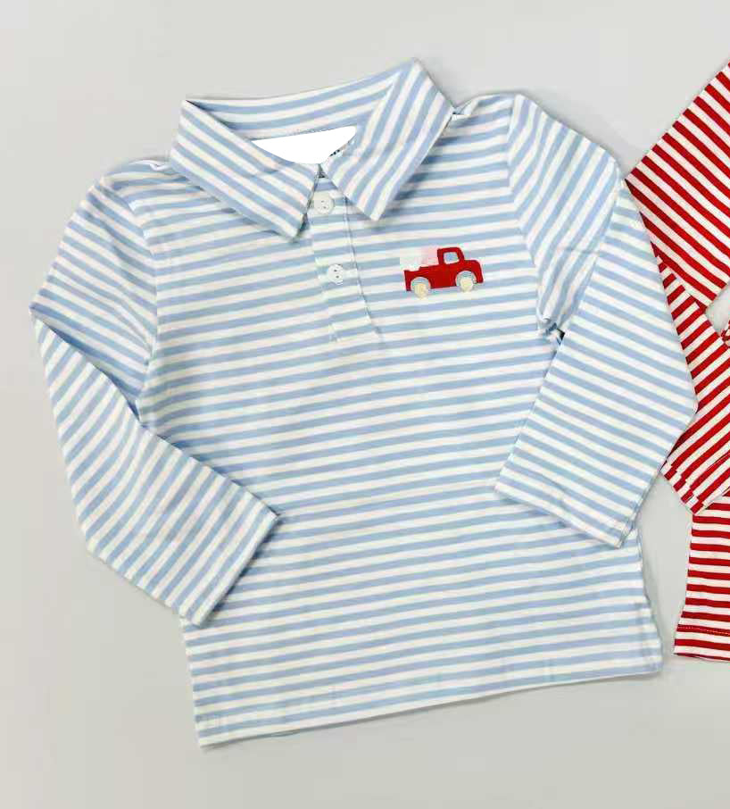 11.18 BT1573 Pre order No Moq Baby Boys Blue Stripe Heart Trucks Valentines Button Polo Shirts Top