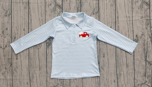 12.8 BT1573 Sample No Moq Embroidery Heart Trucks Baby Boys Blue Stripe Valentines Button Polo Shirts Top