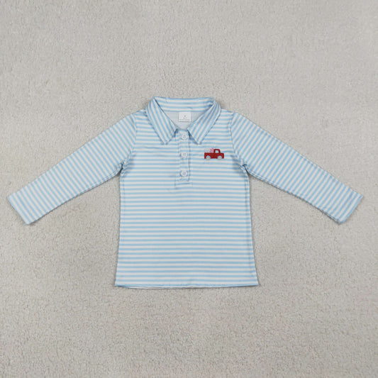 1.15 RTS NO MOQ （In stock）BT1573 Embroidery Heart Trucks Baby Boys Blue Stripe Valentines Button Polo Shirts Top
