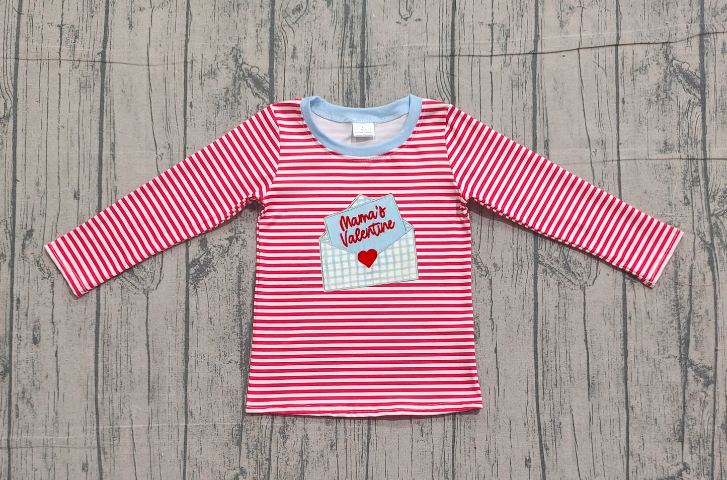 12.8 BT1574 Sample No Moq Embroidery Heart Mama's Letters Baby Boys Red Stripe Valentines T-shirts Top