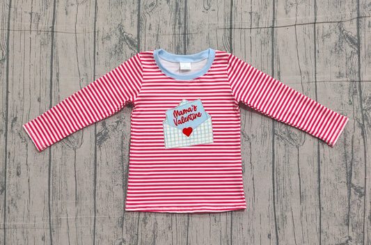 12.8 BT1574 Sample No Moq Embroidery Heart Mama's Letters Baby Boys Red Stripe Valentines T-shirts Top