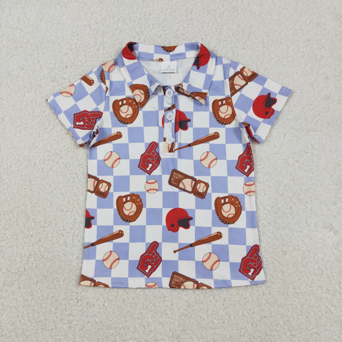 12.18 RTS NO MOQ （In stock）BT1577 Baby Boys Blue Checked Baseballs Team Button Polo Shirts Top