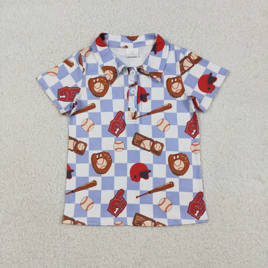 12.18 RTS NO MOQ （In stock）BT1577 Baby Boys Blue Checked Baseballs Team Button Polo Shirts Top