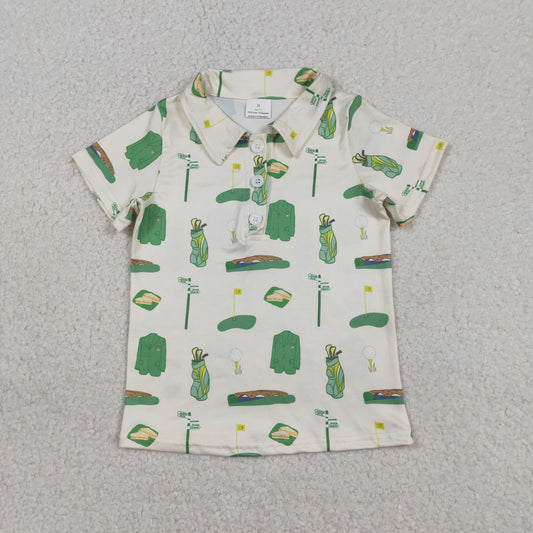 1.6 RTS NO MOQ （In stock）BT1583 Baby Boys Green Golf Balls Flags Team Button Polo Shirts Top