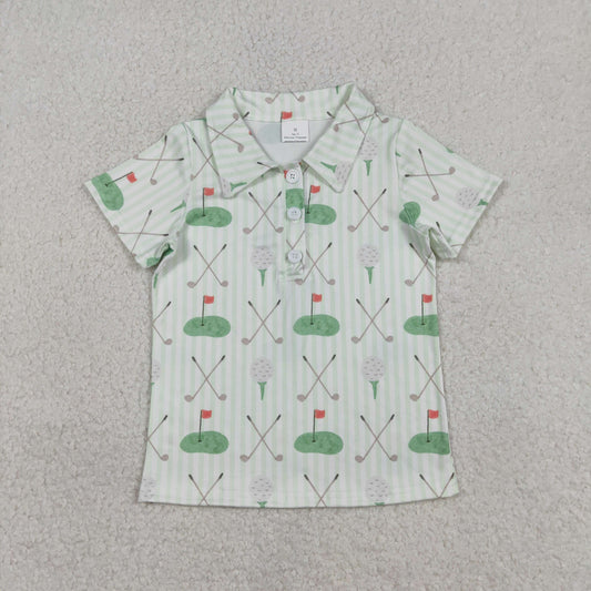 1.6 RTS NO MOQ （In stock）BT1584 Baby Boys Green Stripe Golf Flags Button Polo Shirts Top