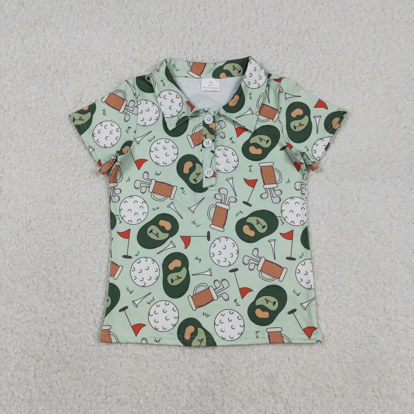 12.30 RTS NO MOQ （In stock）BT1586 Baby Boys Green Golf Flags Team Button Polo Shirts Top