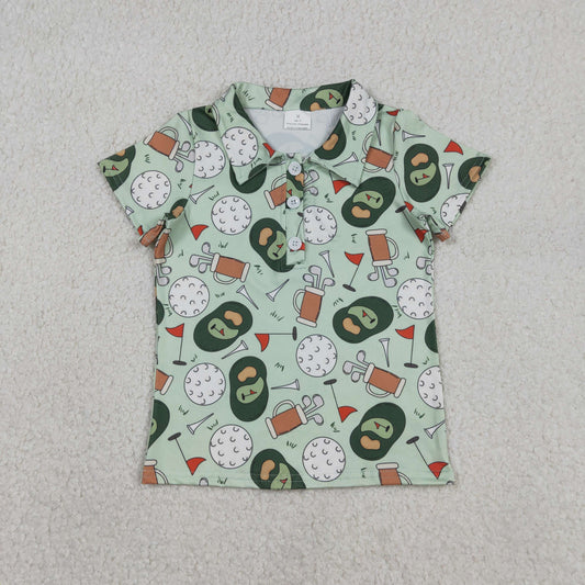 12.30 RTS NO MOQ （In stock）BT1586 Baby Boys Green Golf Flags Team Button Polo Shirts Top