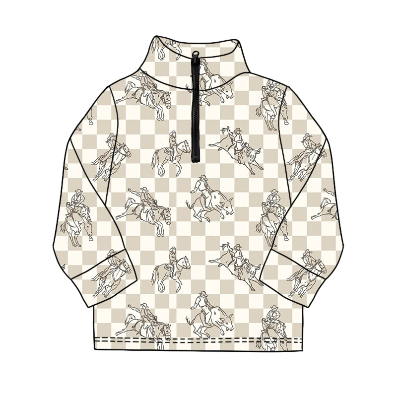 11.19 BT1594 Pre order No Moq Baby Boys Long Sleeve Western Horse Rodeos Checked Zipper Pullovers Top