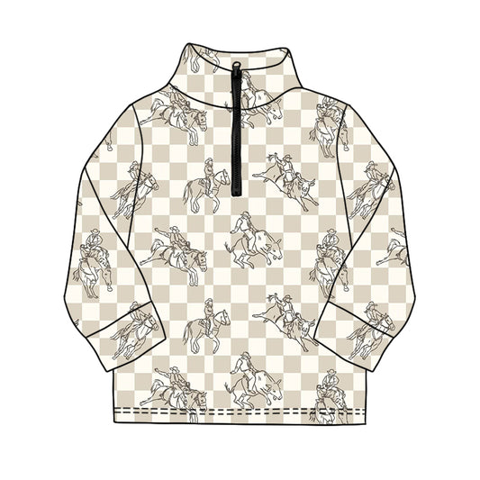 11.19 BT1594 Pre order No Moq Baby Boys Long Sleeve Western Horse Rodeos Checked Zipper Pullovers Top