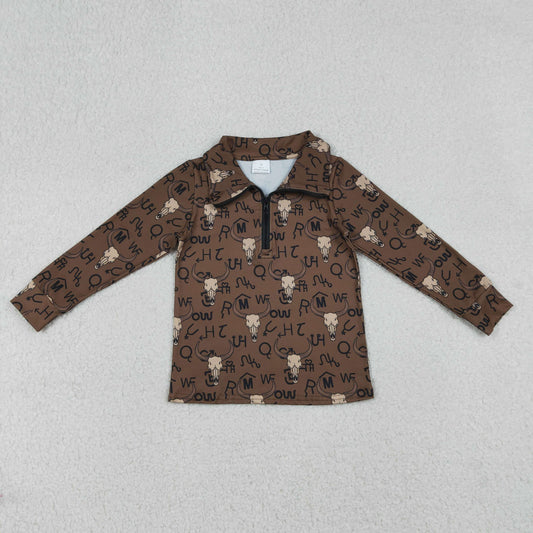 12.24 RTS NO MOQ （In stock）BT1597 Baby Boys Long Sleeve Western Bull Skulls Zipper Pullovers Top